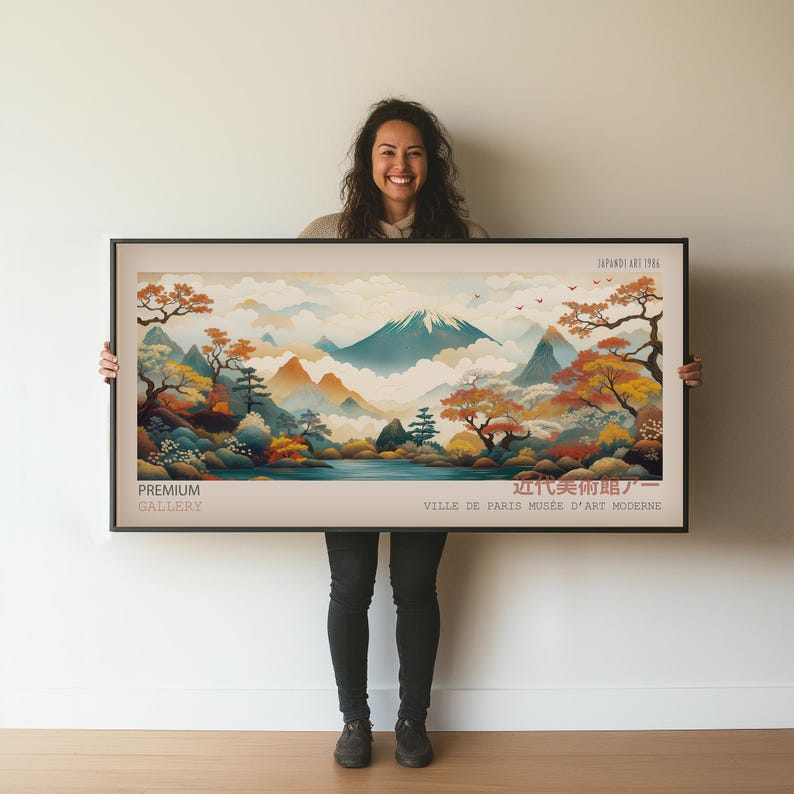 May include: A vintage poster featuring a Japanese landscape scene with a mountain, trees, and a river. The poster is in a black frame and has the text "JAPANOI ART 1966", "PREMIUM GALLERY", "近代美術唱力", and "VILLE DE PARIS MUS&Eacute;E D'ART MODERNE" printed on it.