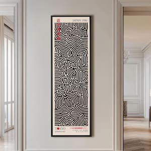 Stampa su tela lunga e stretta verticale Japandi astratta ispirata a Keith Haring, arte murale Zen in bianco e nero, opera d'arte moderna in stile giapponese.