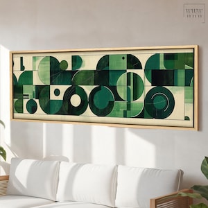Retro Bauhaus panoramisch canvas ingelijste muurkunst, vintage halverwege de eeuw modern, horizontale brede minimalistische kunst, decor boven het bed, verhouding 3 x 1