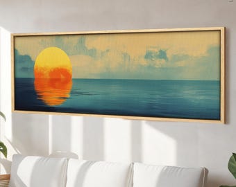 May include: A long, horizontal painting of a sunset over the ocean. The sun is a bright orange and yellow, and the sky is a soft blue and yellow. The water is a deep blue.