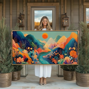 vibrant landscape art
colorful mountain print
whimsical wall art
boho nature canvas
bright colorful decor
large framed canvas
abstract landscape print
floral mountain artwork
eclectic home decor
modern wall art canvas
sunset landscape art
bold colors wall art
horizontal wall canvas