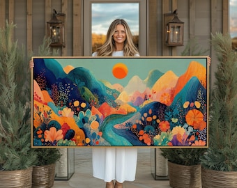 Vibrant Landscape Large Wall Art • Horizontal Framed • Colorful Floral Mountain HQ Print
