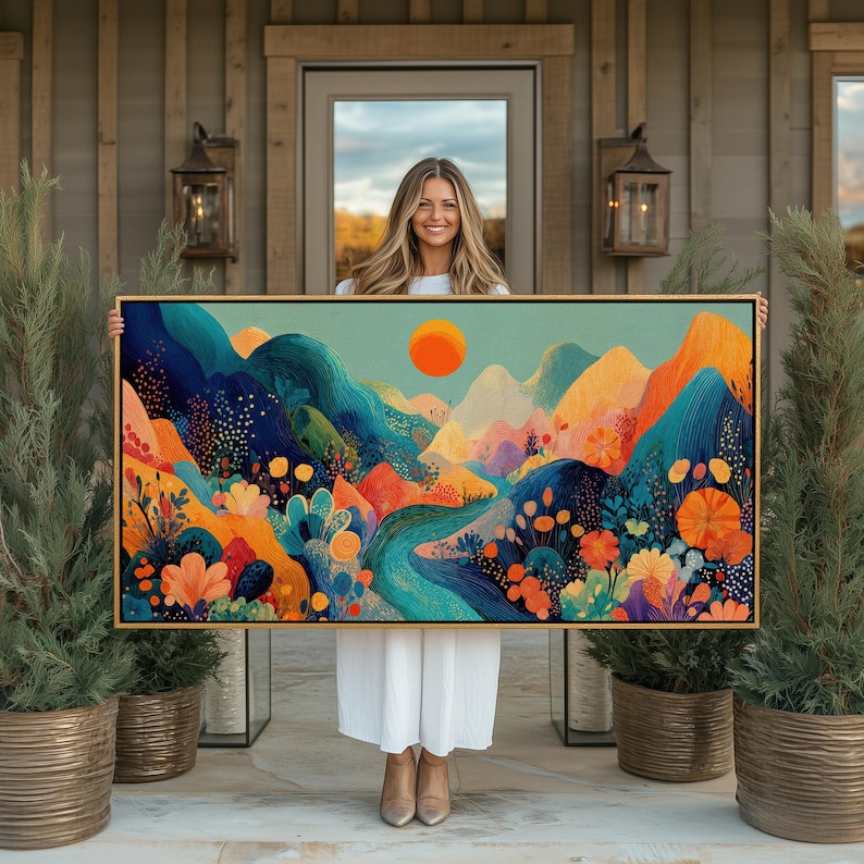 vibrant landscape art
colorful mountain print
whimsical wall art
boho nature canvas
bright colorful decor
large framed canvas
abstract landscape print
floral mountain artwork
eclectic home decor
modern wall art canvas
sunset landscape art
bold colors wall art
horizontal wall canvas