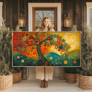 Bunter Baum des Lebens Große horizontale Wandkunst, lebendige spirituelle Natur, Landschaftsdruck