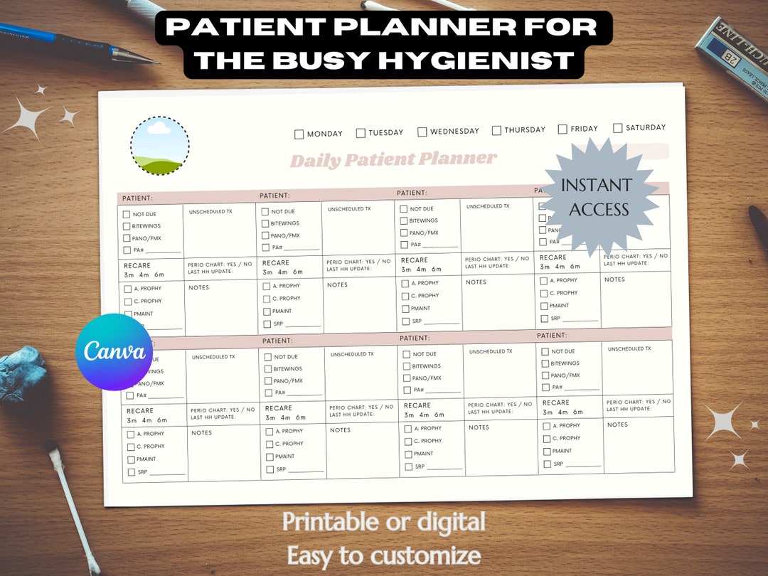 Dental Patient Daily Planner Template Dental Hygienist Daily Chart