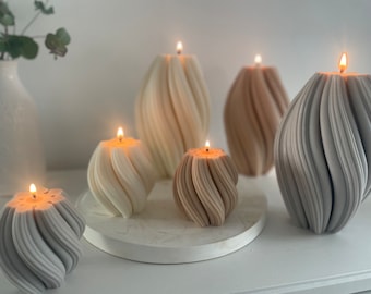 Kerze groß, Kerze besondere Form, Rapswachs Kerze Muttertag Geschenk Freundin, Swirl Kerze gedreht, Wave Kerze beige, Deko Kerze