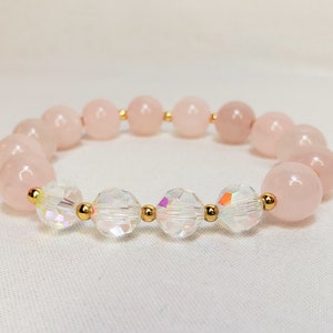 Natural Stone Rose Pink Quartz Crystal Beaded Bracelet.