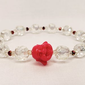 Pink Laughing Buddha Head Beaded Bracelet. Handmade to order. Good Luck Bracelet.