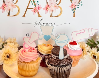 Baby Shower Cupcake Toppers: Teddy Bear, Bottle, Pacifier (Set of 8)