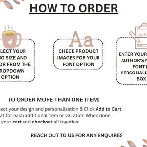 May include: A graphic with instructions on how to order a personalized mug. The text includes steps to select mug size and color, check font options, and enter a quote. The image has a neutral color palette with floral accents.
