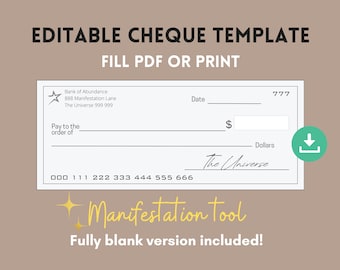 Original Printable Cheque Templates for Manifestation & Abundance | Dollars, Euro, Pounds | Printable and Fillable | Blank Checks