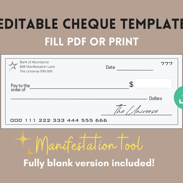 Original Printable Cheque Templates for Manifestation & Abundance | Dollars, Euro, Pounds | Printable and Fillable | Blank Checks