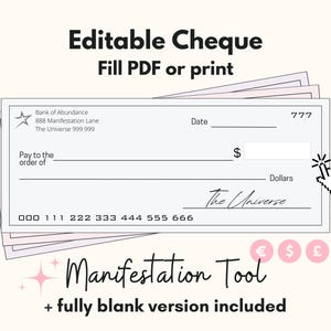 Druckbare Manifestation Check Vorlagen, Vision Board, Premium Blankocheck, bearbeitbares PDF, Gesetz der Anziehung und Abundance, Manifest Geld