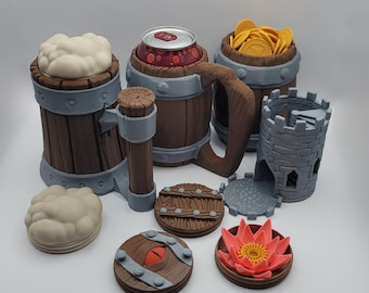 May include: A selection of fantasy miniatures, including a beer mug with foam, a can of soda, a barrel of gold coins, a miniature castle tower, and various decorative elements. The items are primarily brown, grey, and gold.