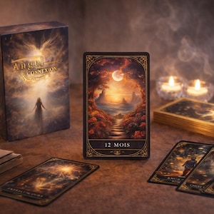 Peut inclure: Un jeu de cartes oracle Angel Connexion comprenant une boîte avec la silhouette d'une figure et une carte centrale illustrant un paysage avec un chemin au clair de lune, entouré de cartes éparpillées, un stylo doré et des bougies allumées.