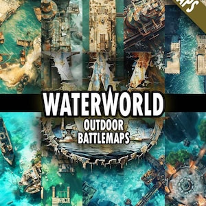 Mapas de batalla post-apocalípticos de Waterworld, mapa oceánico de rol, juego de mesa distópico, mapa de atolón de ciudad flotante, mapas de batalla de naufragios, ciudad hundida