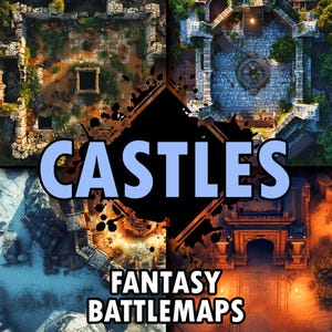Op de afbeelding: Vier verschillende fantasy kasteel slagvelden, elk met een uniek ontwerp en stijl. De kaarten zijn perfect voor tabletop gaming of role-playing games. De tekst op de afbeelding luidt "Castles Fantasy Battlemaps".