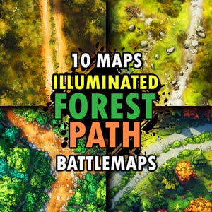 10 beleuchtete Waldpfad-Kampfkarten, leichte Waldwegstraße im Wald, Dnd-Kampfkarten, Dungeons & Dragons 5e-Karte, heroische Fantasy-Rolle20