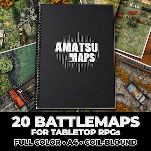 May include: A black spiral-bound notebook with the white text AMATSU MAPS on the cover. The notebook is surrounded by various printed tabletop battle maps featuring outdoor terrain, roads, and vehicles. The text 20 BATTLEMAPS FOR TABLETOP RPGS is visible.