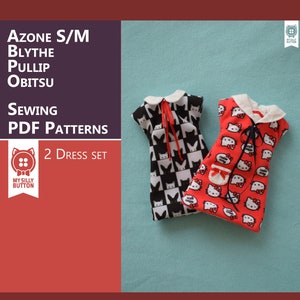 Puede incluir: Dos vestidos de muñeca, uno blanco y negro con estampado de gato y otro rojo con estampado de Hello Kitty. Los vestidos son para muñecas como Azones, Blythes, Pullips y Obitsu. La imagen incluye el texto "2 Dress Set".