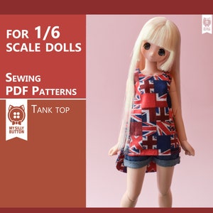 May include: A sewing pattern for a tank top for 1/6 scale dolls. The pattern is for a red, white, and blue tank top with a Union Jack design. The pattern is available as a PDF download.
