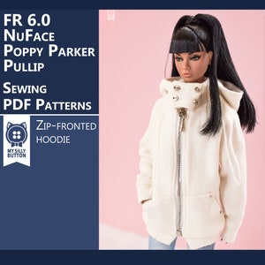 Puede incluir: Una sudadera con capucha blanca con cremallera frontal plateada y capucha negra. La sudadera está diseñada para una muñeca Poppy Parker Pullip. La imagen incluye el texto "FR 6.0 NuFace Poppy Parker Pullip Sewing PDF Patterns Zip-Fronted Hoodie".