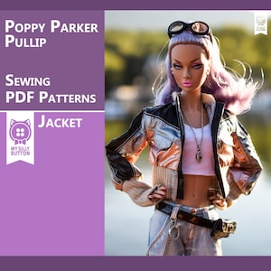 Puede incluir: Un patrón de costura para una chaqueta, con una muñeca que lleva una chaqueta plateada y dorada con una camiseta blanca y unos vaqueros azules. El patrón se titula "Poppy Parker Pullip Sewing PDF Patterns Jacket".