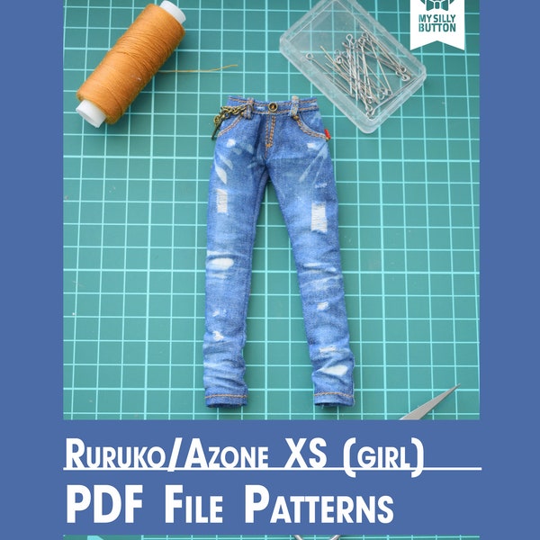 Sewing PDF Patterns "Jeans" for AzoneXS/Ruruko/Obitsu22 with step-by-step photo instruction (in English)