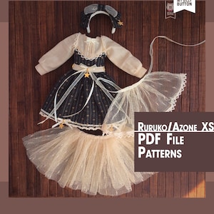 May include: A set of doll clothes for a doll with a black and gold dress, a white blouse, a tulle skirt, and a headband. The set is labeled "Ruruko/Azone XS PDF File Patterns".