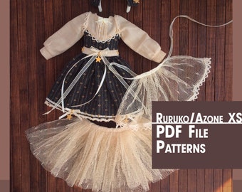 Sewing PDF Patterns "Brown Dress Set" for Azone XS/Ruruko/Obitsu 22 with step-by-step photo instruction (in English)