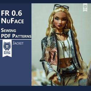 May include: A sewing pattern for a jacket for a doll with a NuFace head. The doll is wearing a silver and pink jacket, a white vest top, and blue jeans. The doll has blonde hair and is wearing gold jewellery. The pattern is for FR 0.6 dolls.