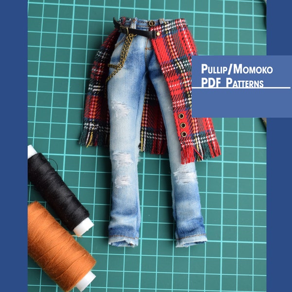 Sewing PDF Patterns "Jeans and Tartan Skirt " for Pullip/Momoko with step-by-step photo instruction (in English)