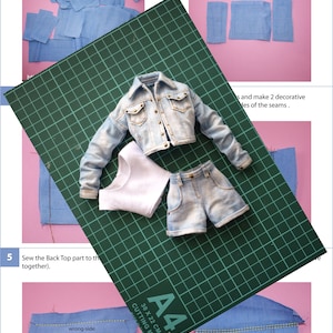 May include: A step-by-step guide on how to sew a denim jacket, with images showing the process of cutting fabric, sewing seams, and assembling the jacket pieces. The text in the image reads "Cut pieces from fabric", "Take Back parts of jacket", "Sew the Back Top part to the together".