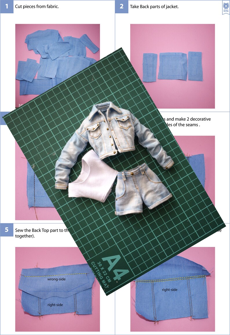 May include: A step-by-step guide on how to sew a denim jacket, with images showing the process of cutting fabric, sewing seams, and assembling the jacket pieces. The text in the image reads "Cut pieces from fabric", "Take Back parts of jacket", "Sew the Back Top part to the together".