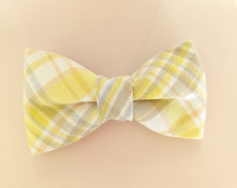 Wedding Kids Clip-On Bow Tie. Yellow silver plaid bowtie, ring bearer bowtie, Toddler Plaid Bow Tie, Baby Plaid BowTie, yellow Plaid Bowtie