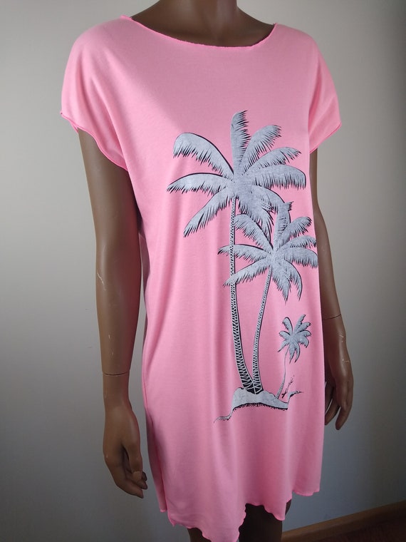 1980s Pink Hawaiian T- Shirt Mini Dress with Palm… - image 2