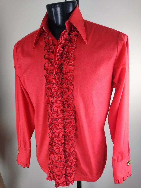 1970s Ruffle red Tuxedo Shirt  - M/L