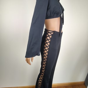 1970s Frederick&#39;s of Hollywood Black Crop Top Pant Suit- Size 4