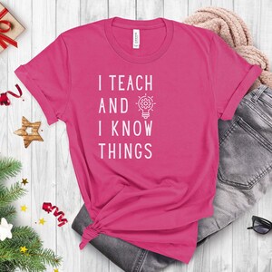 May include: Pink t-shirt with the text "I teach and I know things" and a lightbulb with a gear inside.