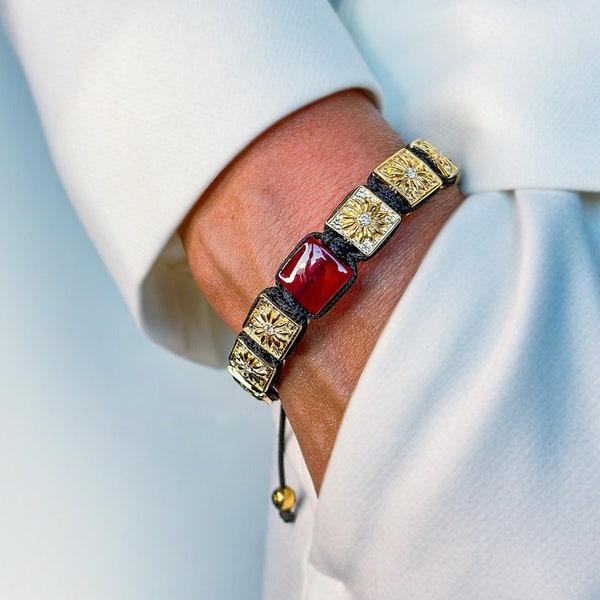 Bracelet Shamballa avec pierre précieuse rubis, bracelet réglable avec perles plaquées or 14 carats, bracelet avec perles plates et pierres de moissanite blanches