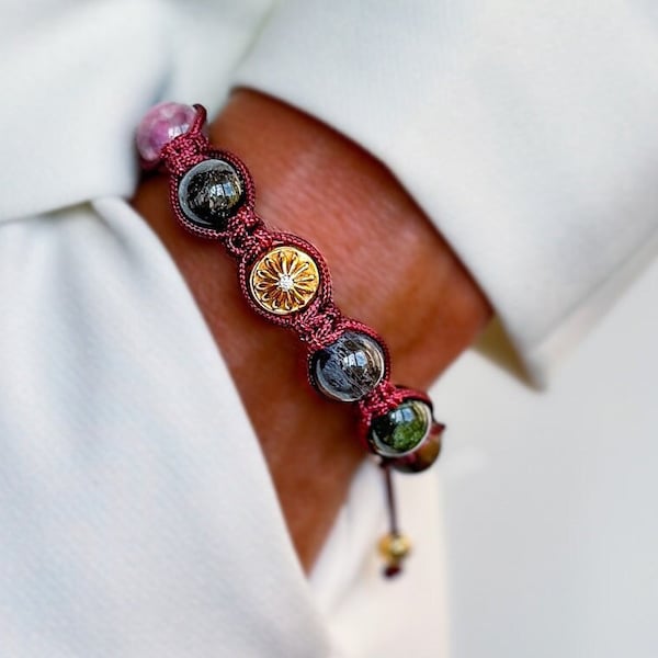 Tourmaline Bracelet, Shamballa Bracelet with 10mm Round Tourmaline Beads, Burgundy Bracelet with Round Beads, Adjustable Bracelet