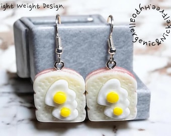 Fried Egg on Toast Dangle Earrings: 925 Silver Hooks