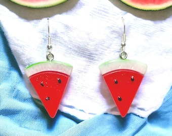 Watermelon Dangle Earrings: 925 Silver Hooks, Hypoallergenic
