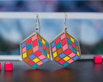 Fun Cube Baumeln Ohrringe Festival Schmuck Bunt Geschenk für Freund 80er Jahre Party Accessoire Geburtstag Ohrringe