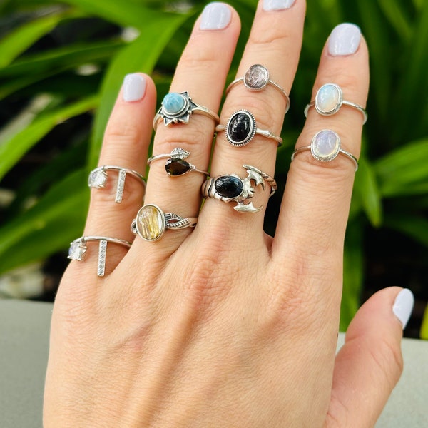 Sterling Silver Moonstone Ring, Crystal Ring, Brown Tourmaline Ring, Golden Rutile Ring, Unique Gemstone Rings, Rings for Women