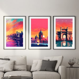Landmarks of Mumbai - Gateway of India, Chhatrapati Shivaji Terminus & the Bombay Coastline - Set of 3 Digital Colourful Wall Art - Sunset