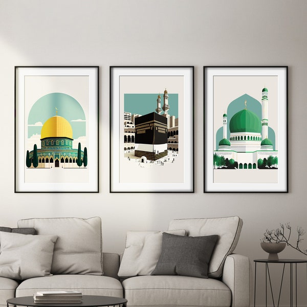 Islamic Wall Art, The Holy Kaabah, Masjid An-Nabawi & Al Aqsa- Set of 3