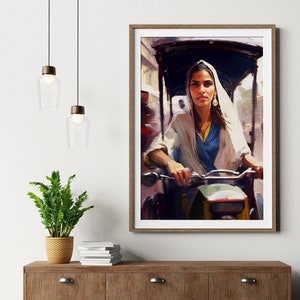 Powerful Woman Driving Rickshaw in India/South Asia - Realistic Wall Art