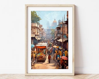 Puede incluir: Pintura a la acuarela de una bulliciosa escena callejera en la India, enmarcada en madera clara. La obra representa un mercado abarrotado con vendedores, peatones y edificios bajo un cielo brillante. La paleta de colores incluye tonos cálidos de naranja, marrón y amarillo.