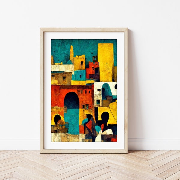 Colourful Landscape Wall Art - African Village - Egypt/Sudan/Nubian Flat View